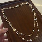Hot selling Natural Freshwater white pink oval pearl necklace sweater chain, Fashionable handmade design pearl necklace for women