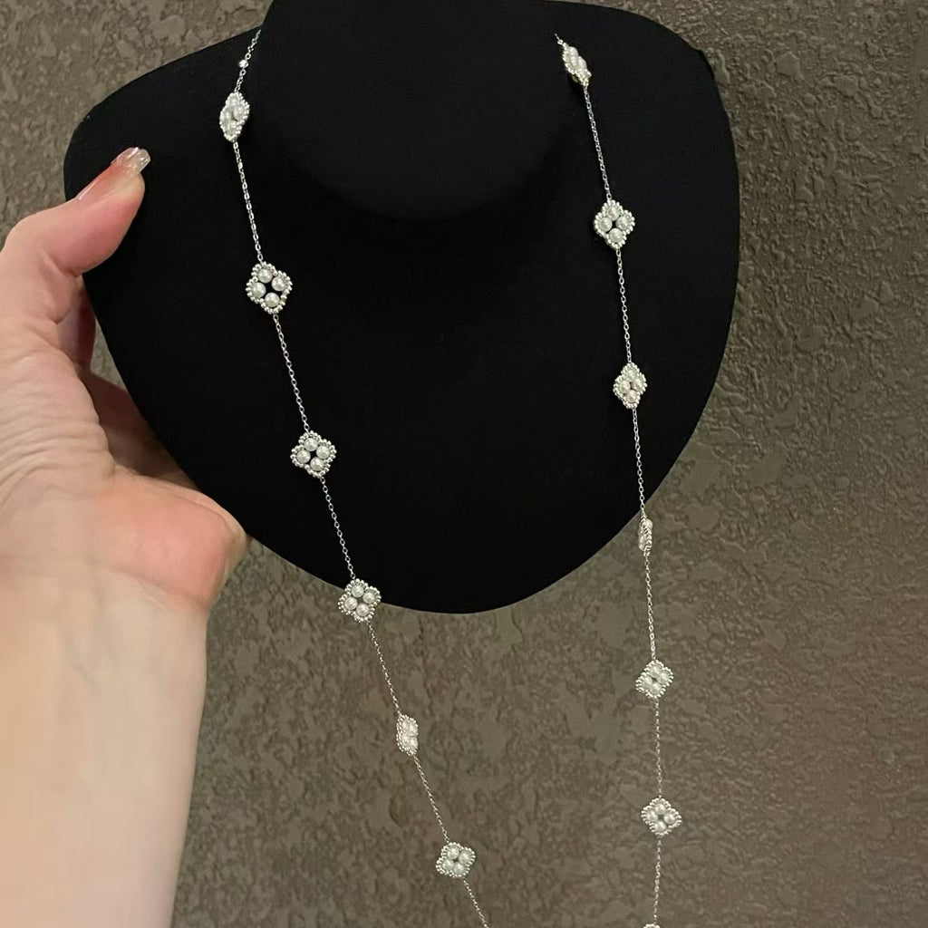 Hot selling Natural Freshwater white pearl necklace sweater chain, Fashionable handmade design pearl necklace for women