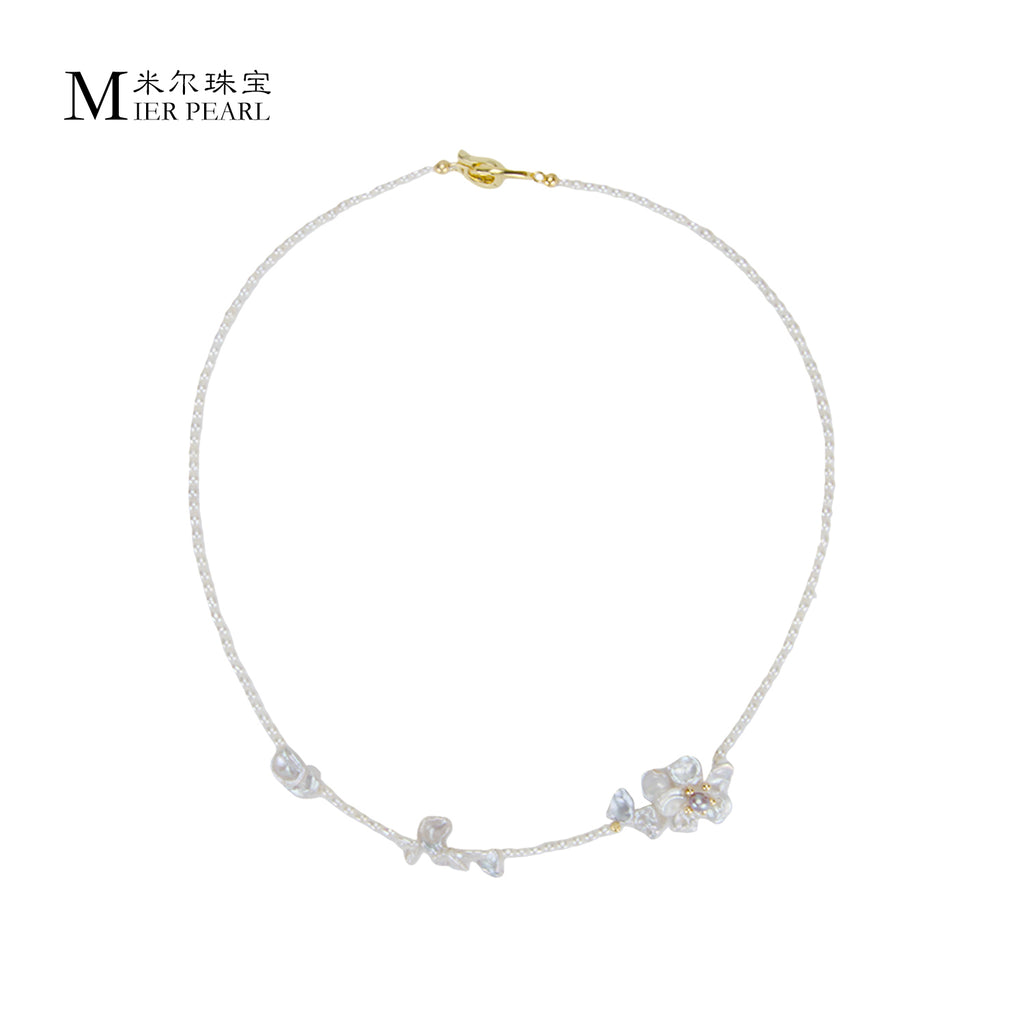 Favourite Natural Freshwater Rice Shaped Pearl Full Bead Necklace with Petals Baroque Pearl Fashion Necklace for Women