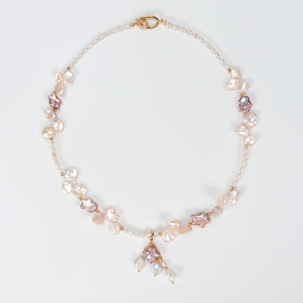 Natural Freshwater White Flower petal Purple Star Baroque Pearl Necklace, Hand-designed crafted pearl necklace for girls