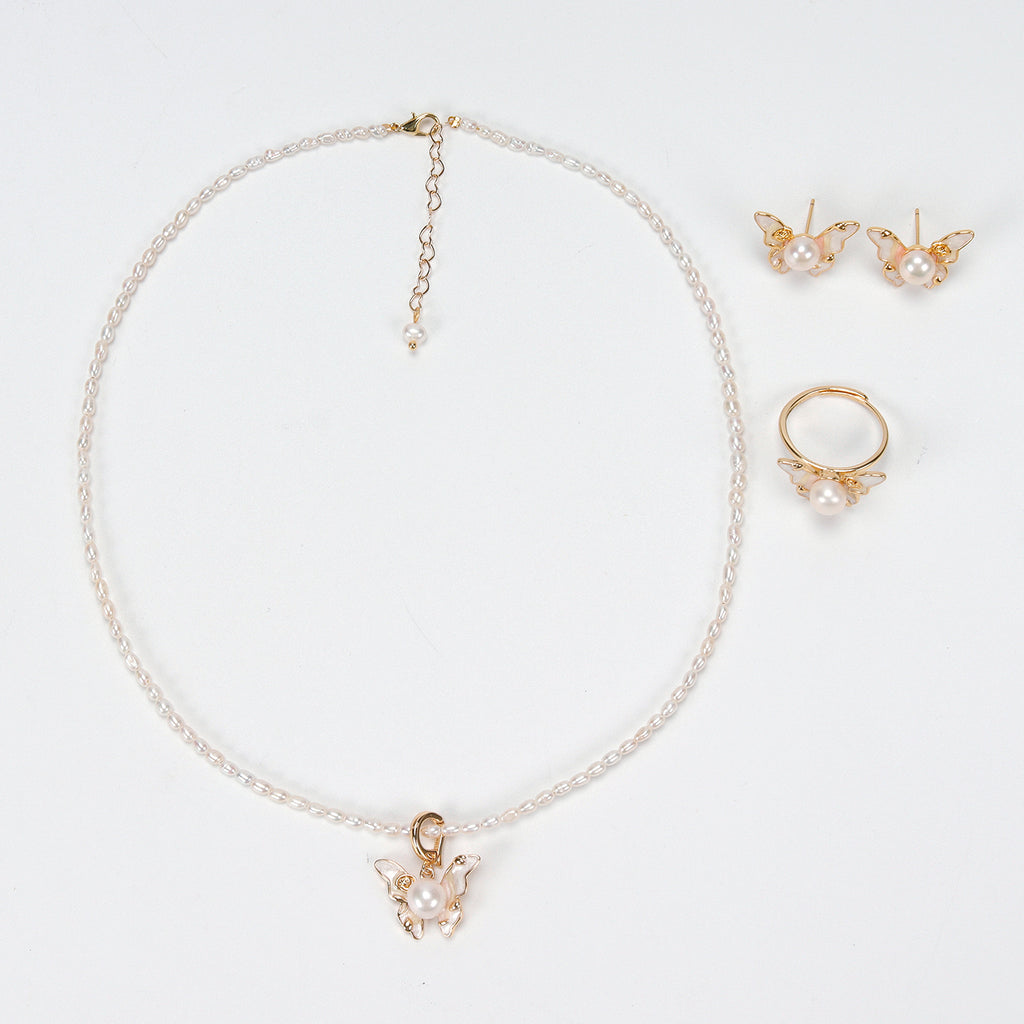 New Design Natural Freshwater White rice-shaped Pearl Necklace, Butterfly Earrings, Ring, and Pendant Set for Women girls