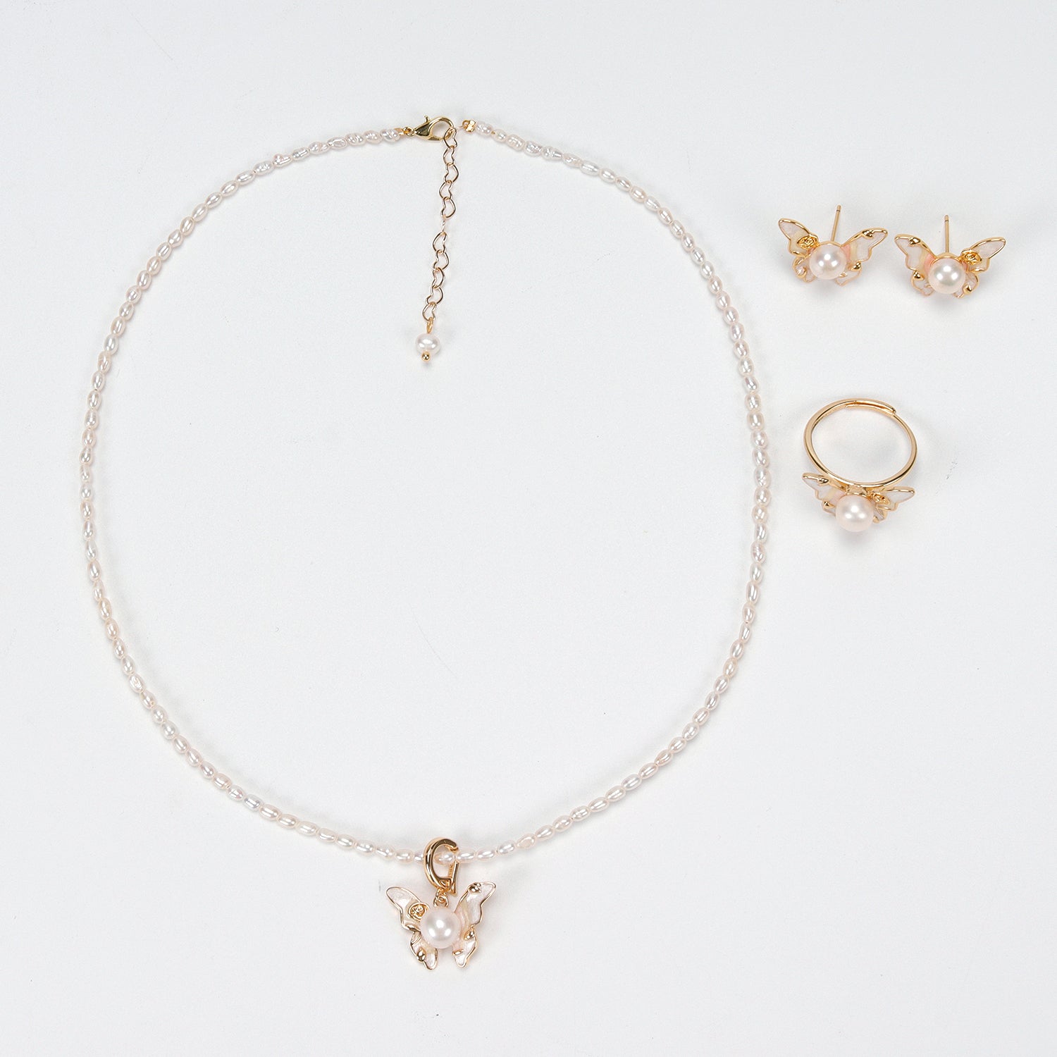 New Design Natural Freshwater White rice-shaped Pearl Necklace, Butterfly Earrings, Ring, and Pendant Set for Women girls