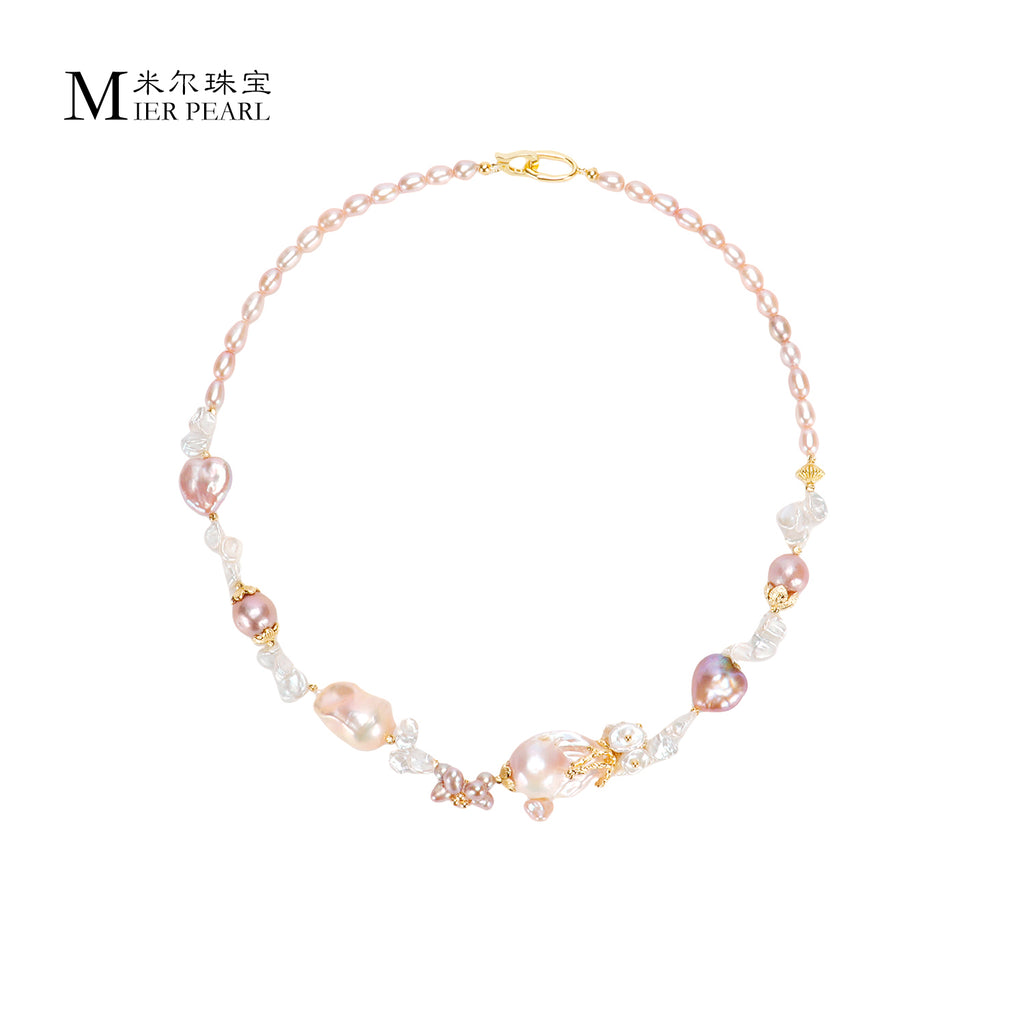 New Design Natural Freshwater Pink Purple Large Baroque Pearl Handmade Vintage Necklace