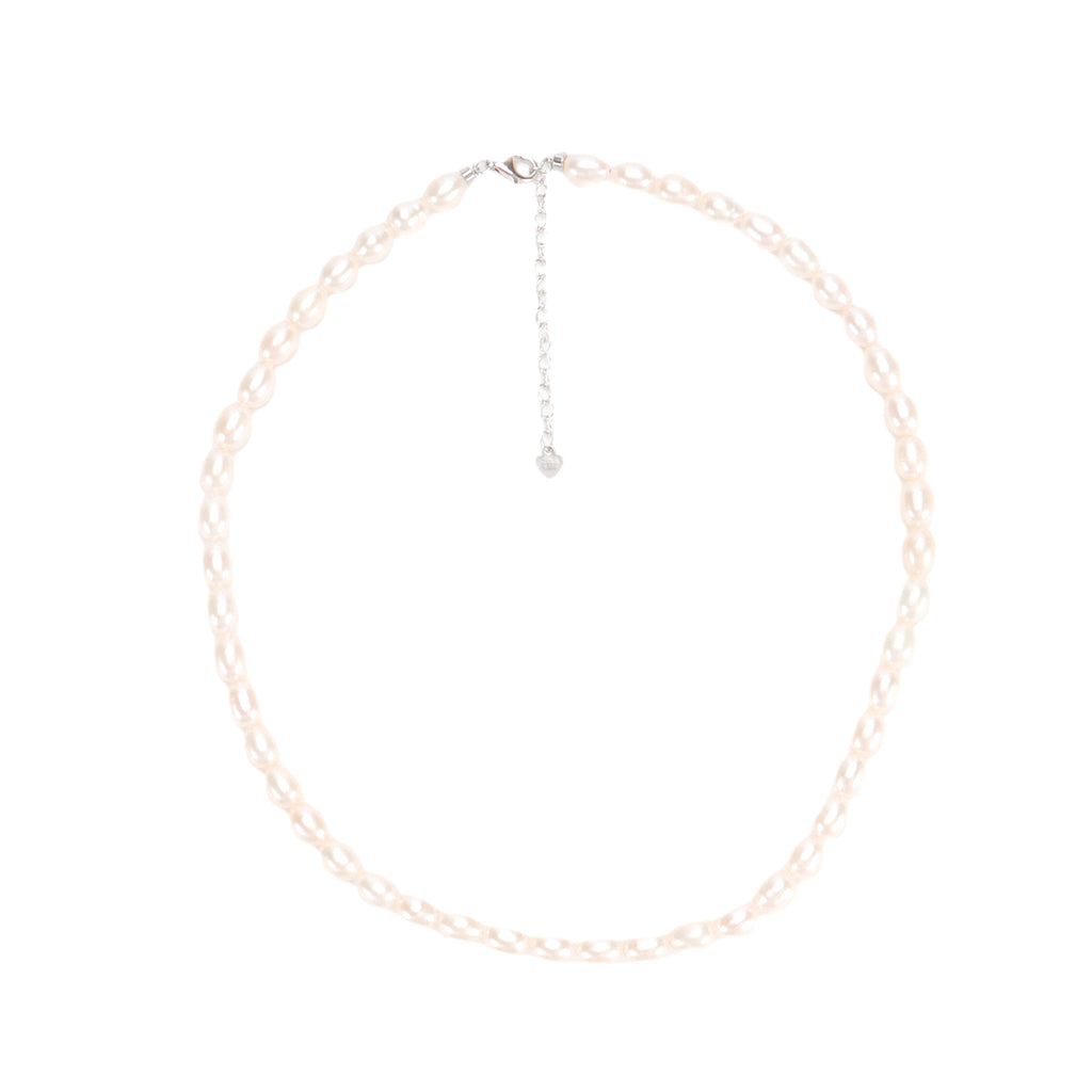 Real Natural freshwater white oval pearl full bead necklace, S925 extended chain versatile and fashionable for women