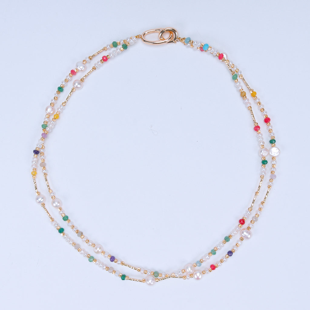 Favourite Natural Freshwater white Baroque Pearl Colored tourmaline double-layer Necklace for women girls