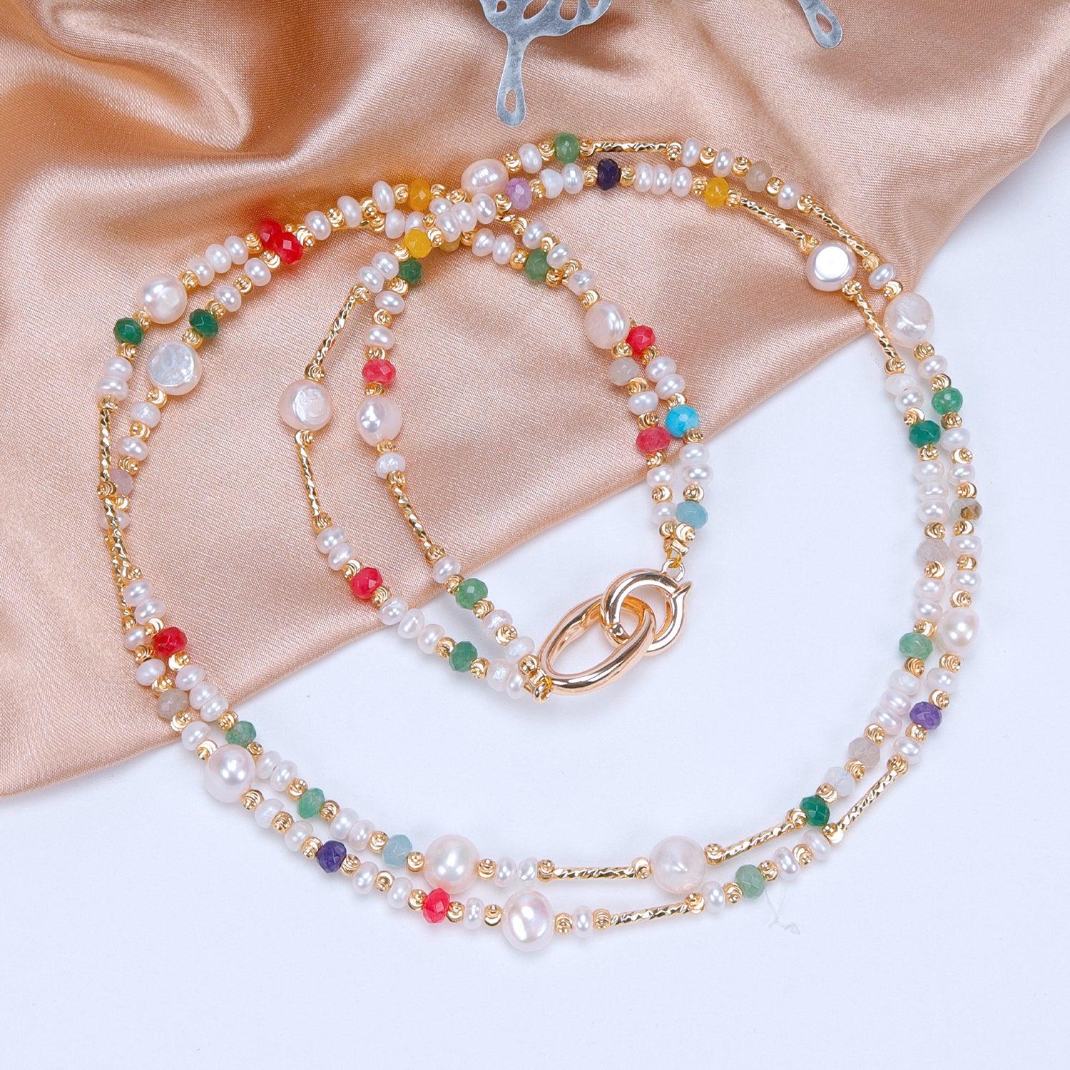 Favourite Natural Freshwater white Baroque Pearl Colored tourmaline double-layer Necklace for women girls
