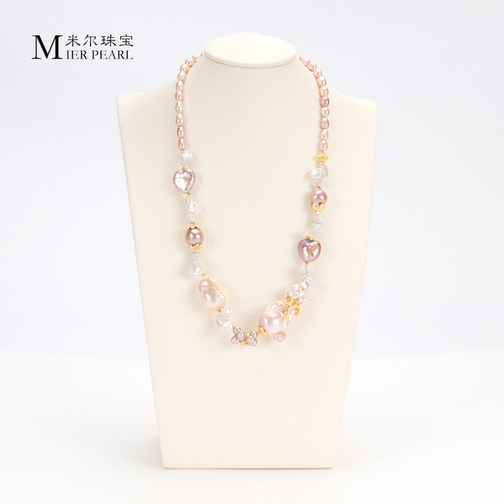 New Design Natural Freshwater Pink Purple Large Baroque Pearl Handmade Vintage Necklace