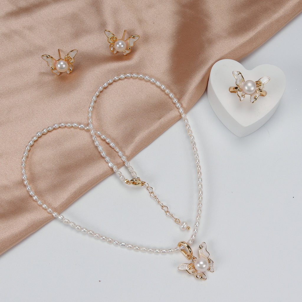 New Design Natural Freshwater White rice-shaped Pearl Necklace, Butterfly Earrings, Ring, and Pendant Set for Women girls