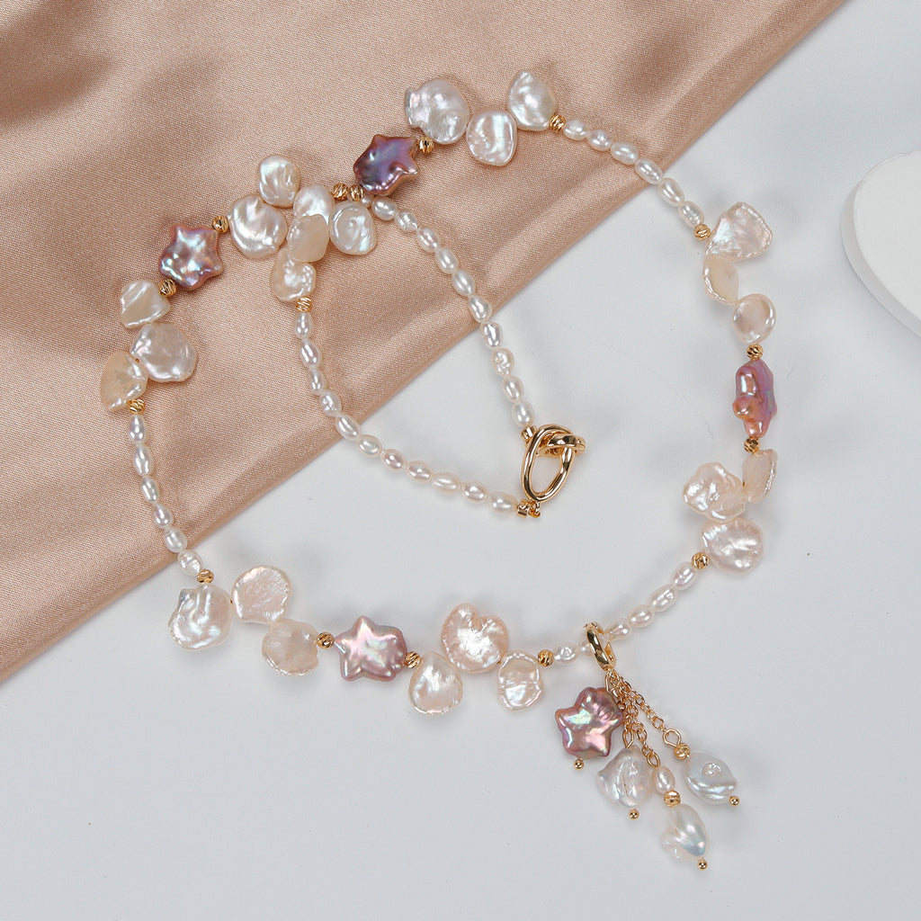 Natural Freshwater White Flower petal Purple Star Baroque Pearl Necklace, Hand-designed crafted pearl necklace for girls