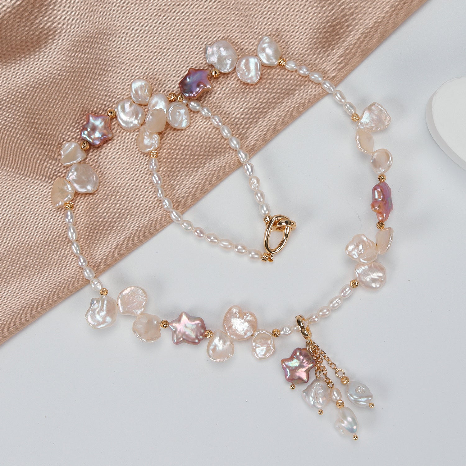 Natural Freshwater White Flower petal Purple Star Baroque Pearl Necklace, Hand-designed crafted pearl necklace for girls