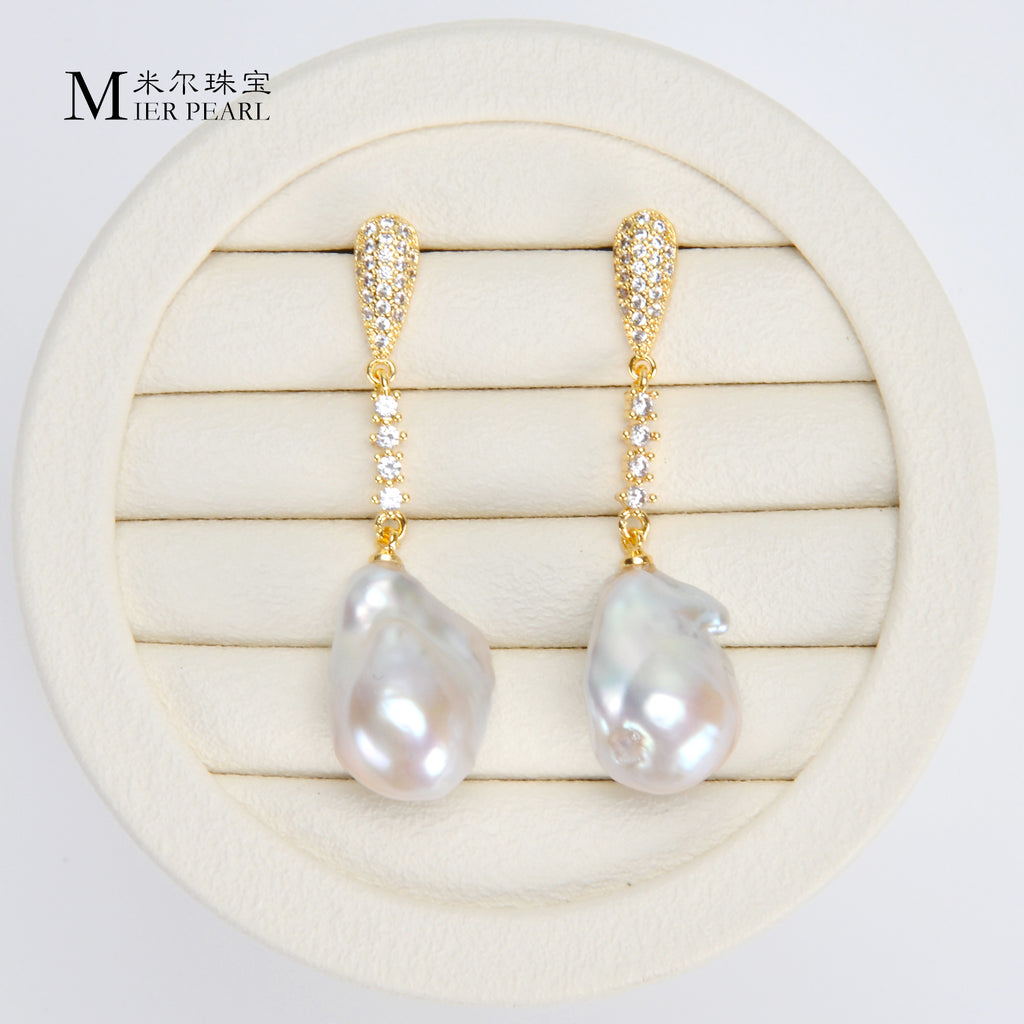 New Design Asymmetry Irregular Freshwater Pearl White Big Baroque Pearl Earrings For Women Jewellery