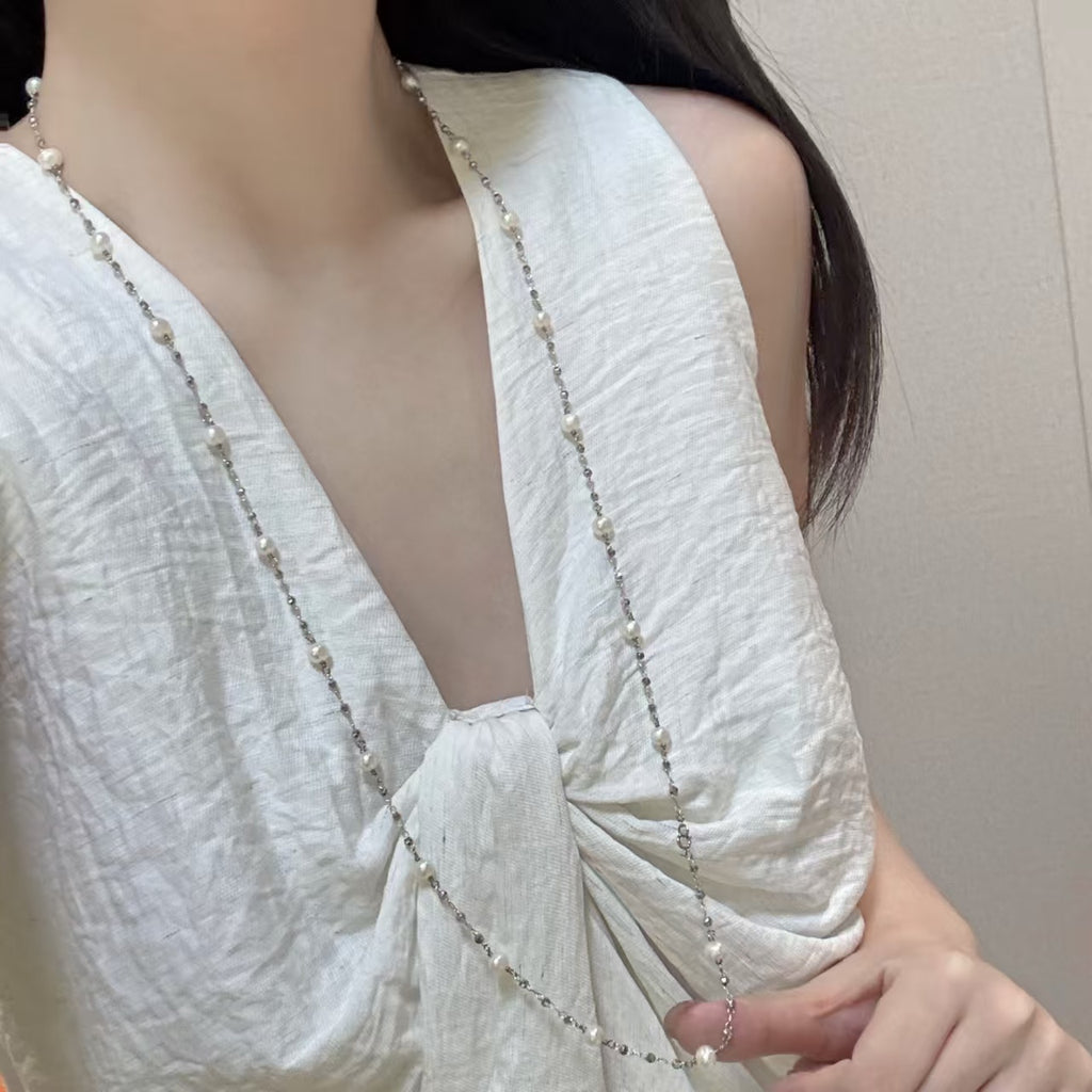 Hot selling Natural Freshwater white oval pearl starry sky necklace sweater chain, Fashionable and exquisite pearl necklace for women