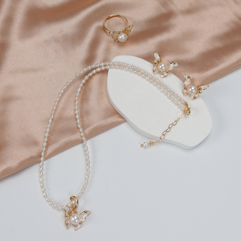 New Design Natural Freshwater White rice-shaped Pearl Necklace, Butterfly Earrings, Ring, and Pendant Set for Women girls
