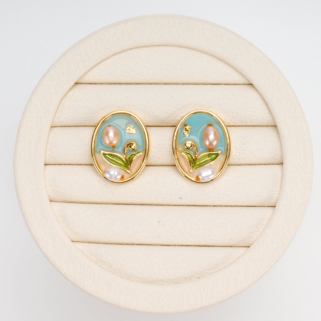 Trendy Jewelry Retro Baroque Natural Freshwater Pearl Stud Earring Earrings for Women Oval Oil Painting Flower Earrings Stud
