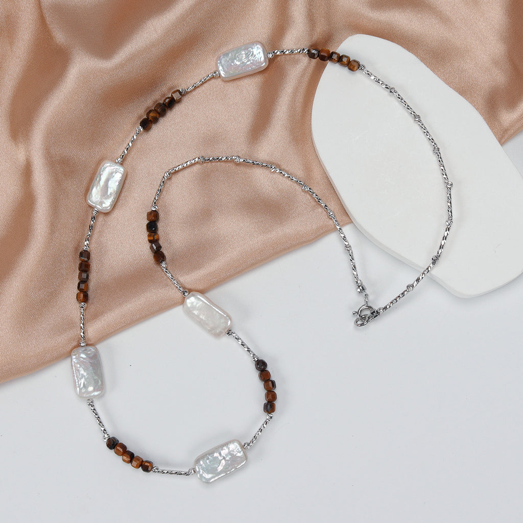 New Design Natural Freshwater White square Baroque Pearl Necklace, Fashionable natural gemstone necklace for women