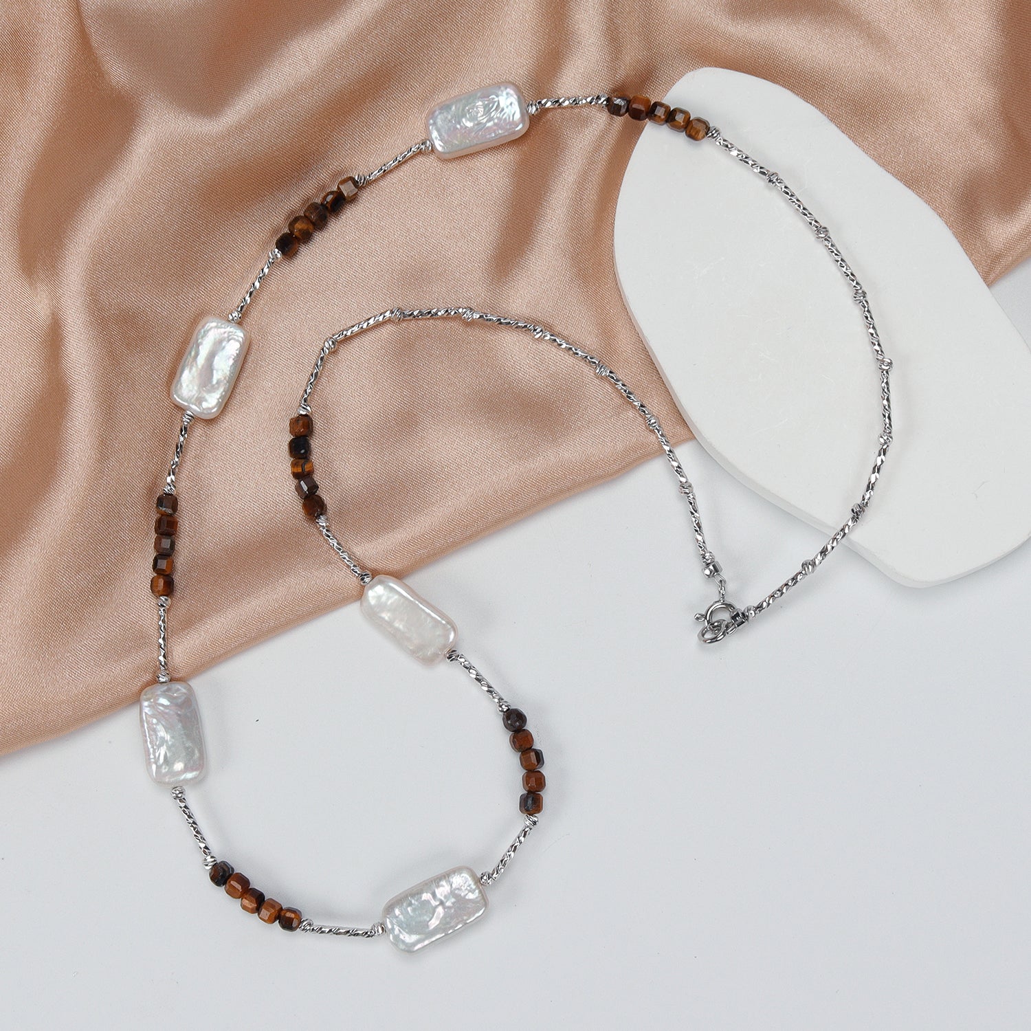 New Design Natural Freshwater White square Baroque Pearl Necklace, Fashionable natural gemstone necklace for women