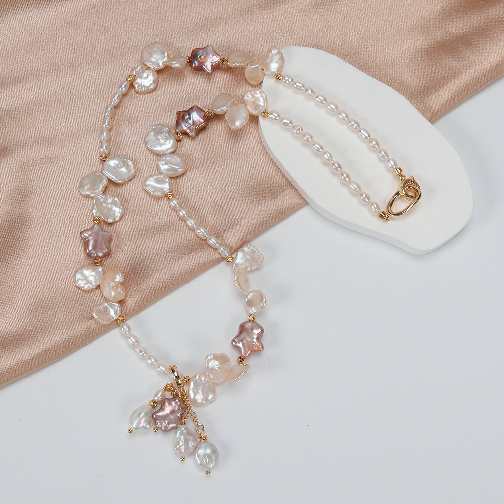 Natural Freshwater White Flower petal Purple Star Baroque Pearl Necklace, Hand-designed crafted pearl necklace for girls