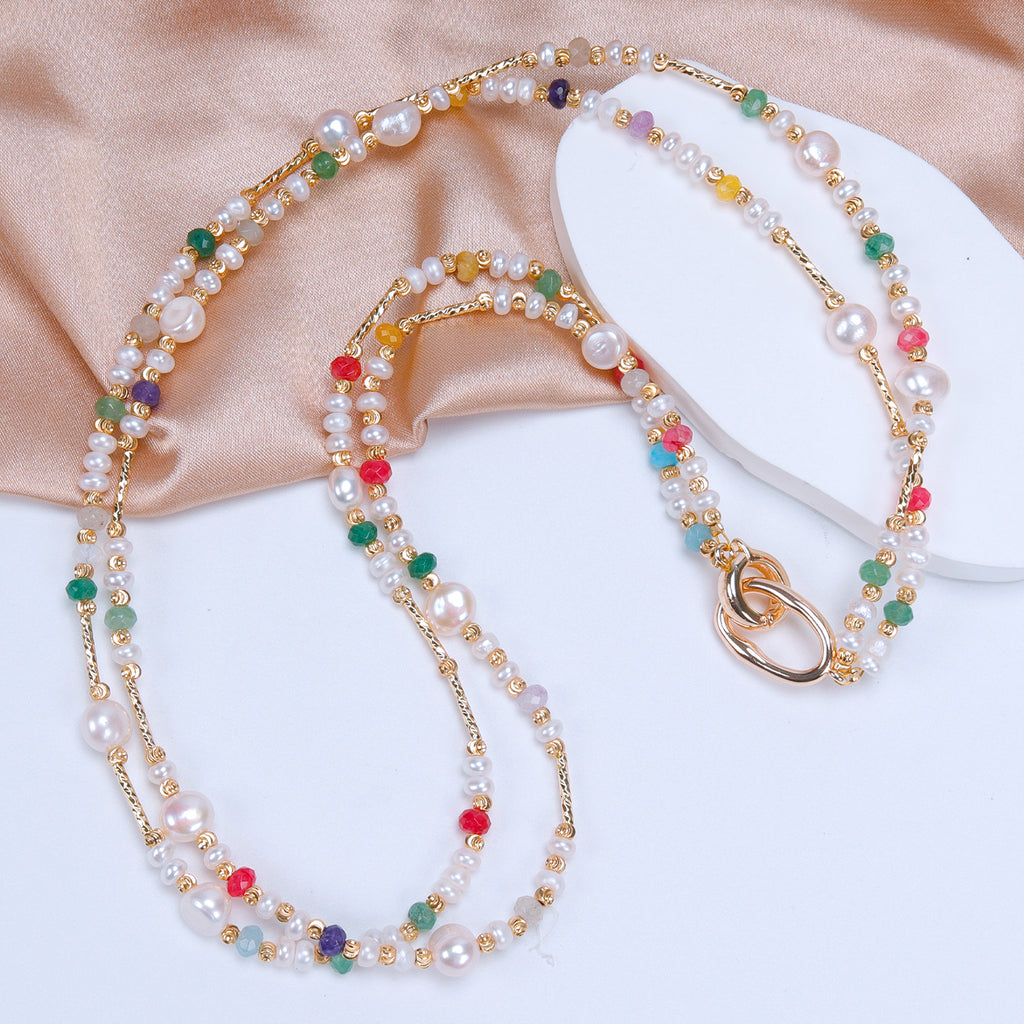 Favourite Natural Freshwater white Baroque Pearl Colored tourmaline double-layer Necklace for women girls