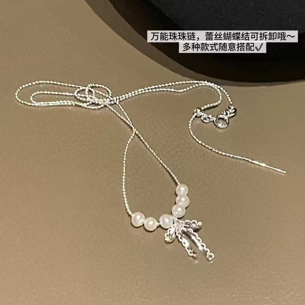Hot selling Natural Freshwater white pearl bow necklace, Fashionable and exquisite pearl necklace for women