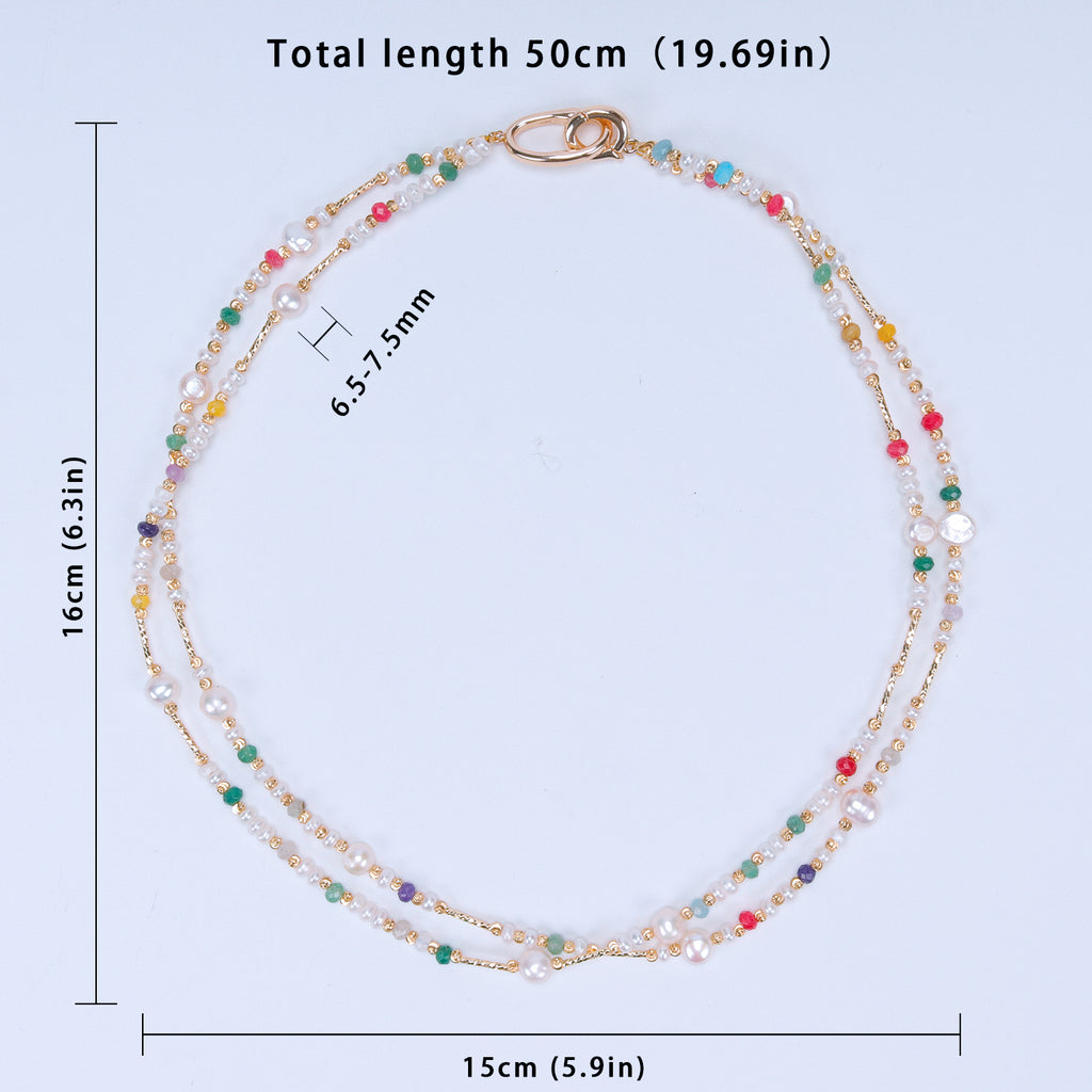 Favourite Natural Freshwater white Baroque Pearl Colored tourmaline double-layer Necklace for women girls