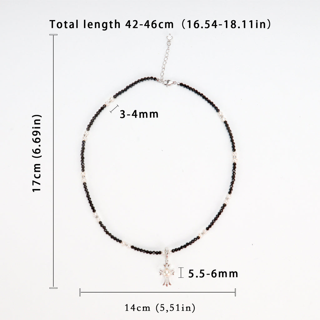 New Design Natural Freshwater White Pearl Popular Cross Star Pendant Necklace Black Spinel Beaded Necklace Jewelry for Women