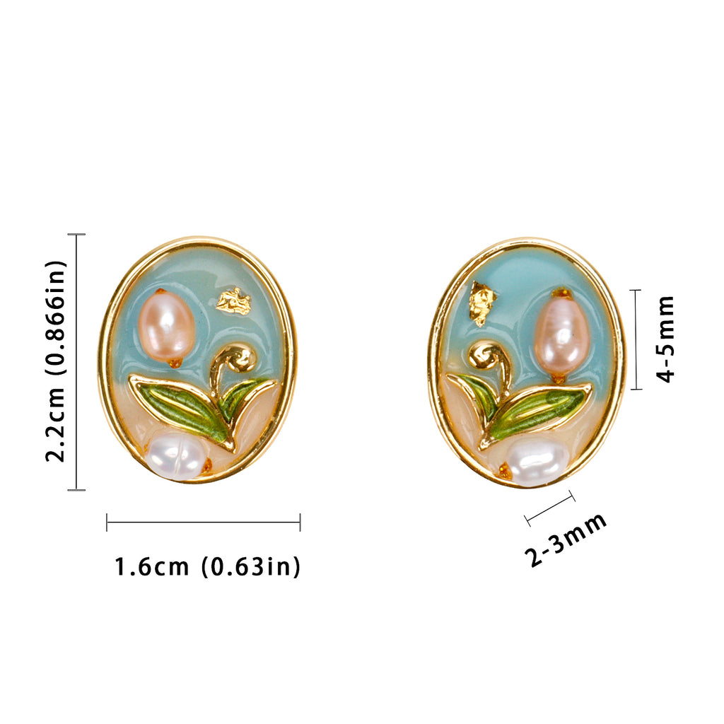 Trendy Jewelry Retro Baroque Natural Freshwater Pearl Stud Earring Earrings for Women Oval Oil Painting Flower Earrings Stud