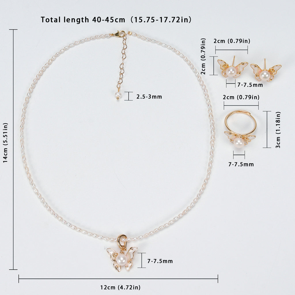 New Design Natural Freshwater White rice-shaped Pearl Necklace, Butterfly Earrings, Ring, and Pendant Set for Women girls