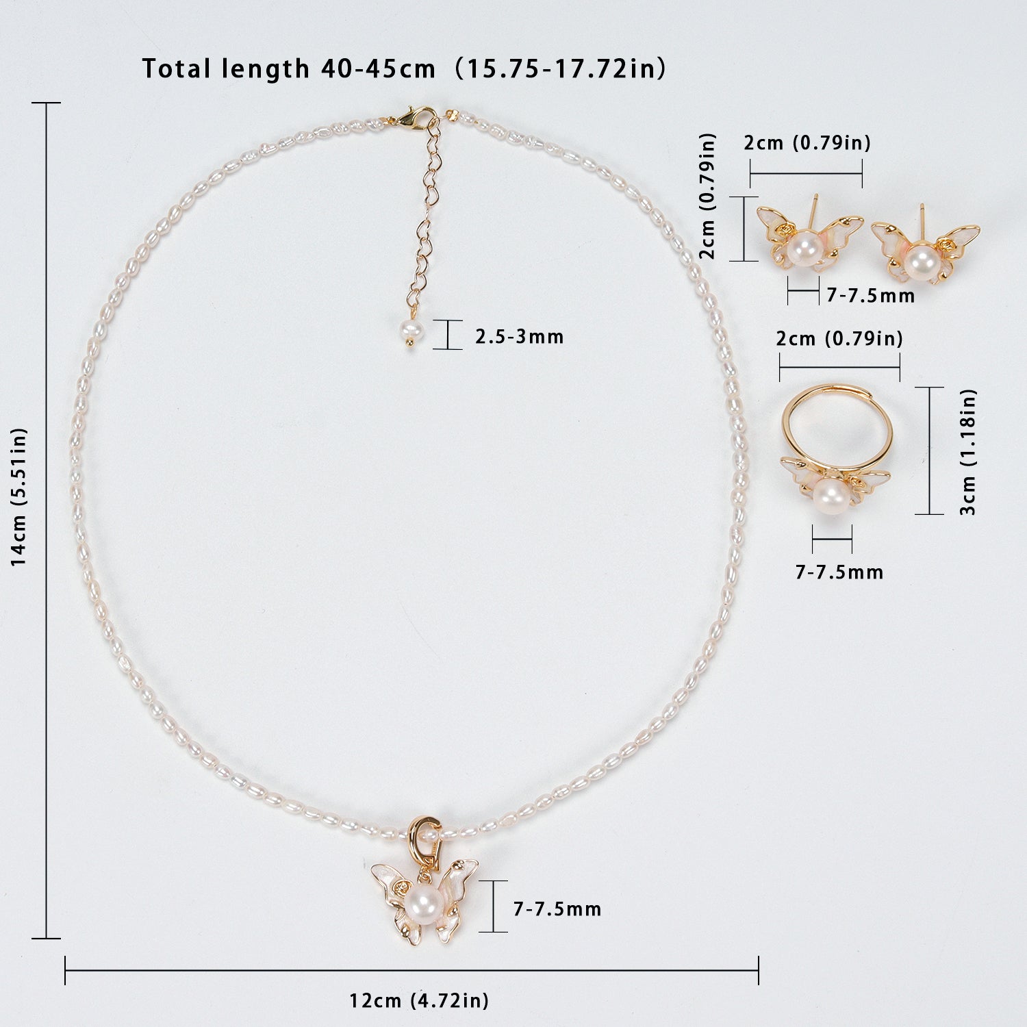 New Design Natural Freshwater White rice-shaped Pearl Necklace, Butterfly Earrings, Ring, and Pendant Set for Women girls