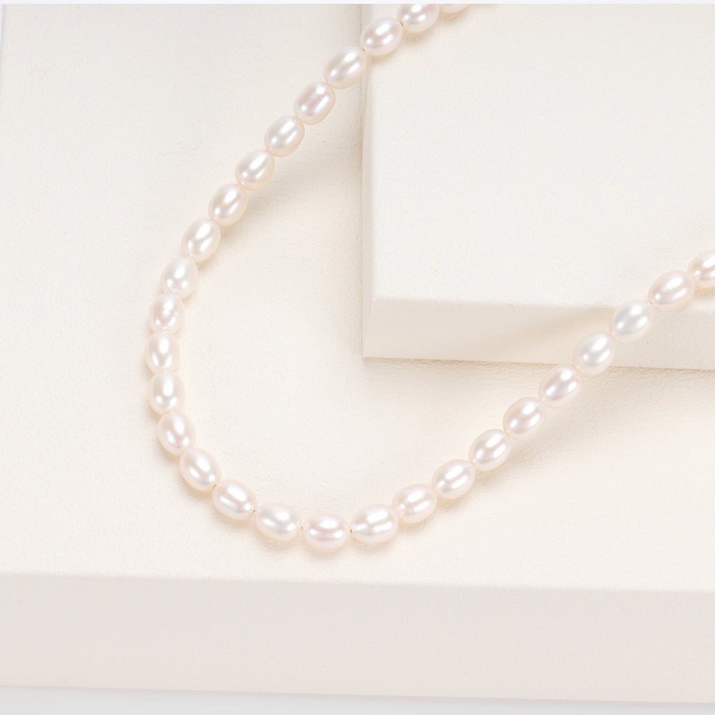 Real Natural freshwater white oval pearl full bead necklace, S925 extended chain versatile and fashionable for women