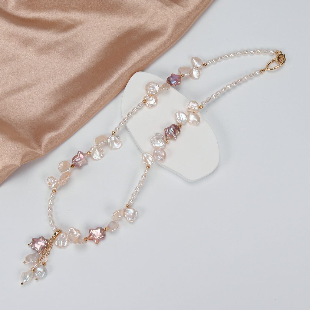 Natural Freshwater White Flower petal Purple Star Baroque Pearl Necklace, Hand-designed crafted pearl necklace for girls