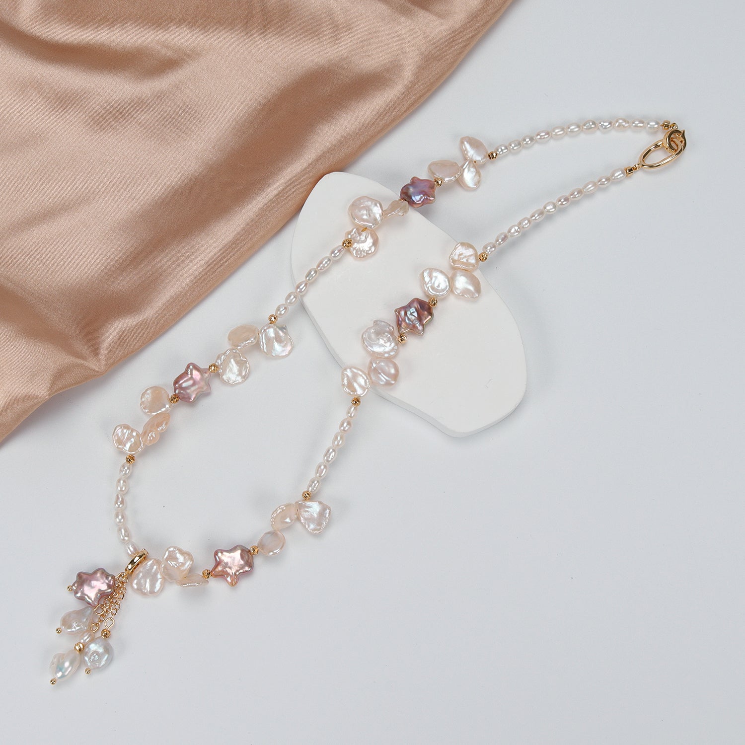 Natural Freshwater White Flower petal Purple Star Baroque Pearl Necklace, Hand-designed crafted pearl necklace for girls