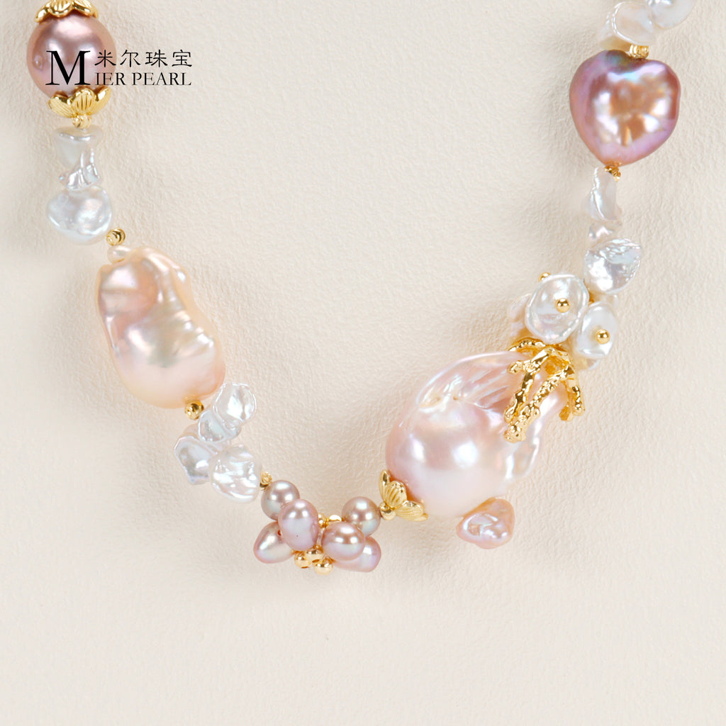 New Design Natural Freshwater Pink Purple Large Baroque Pearl Handmade Vintage Necklace