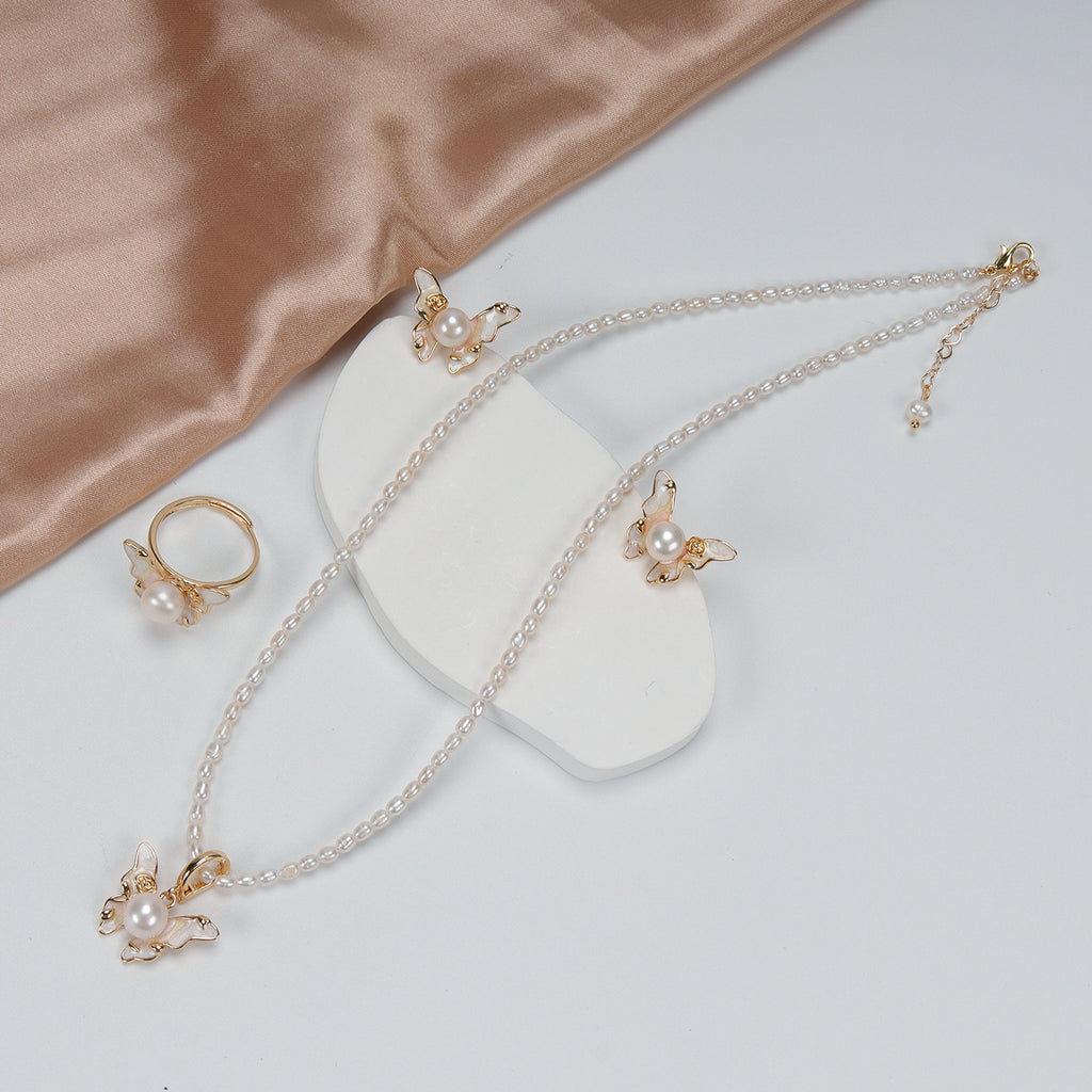 New Design Natural Freshwater White rice-shaped Pearl Necklace, Butterfly Earrings, Ring, and Pendant Set for Women girls