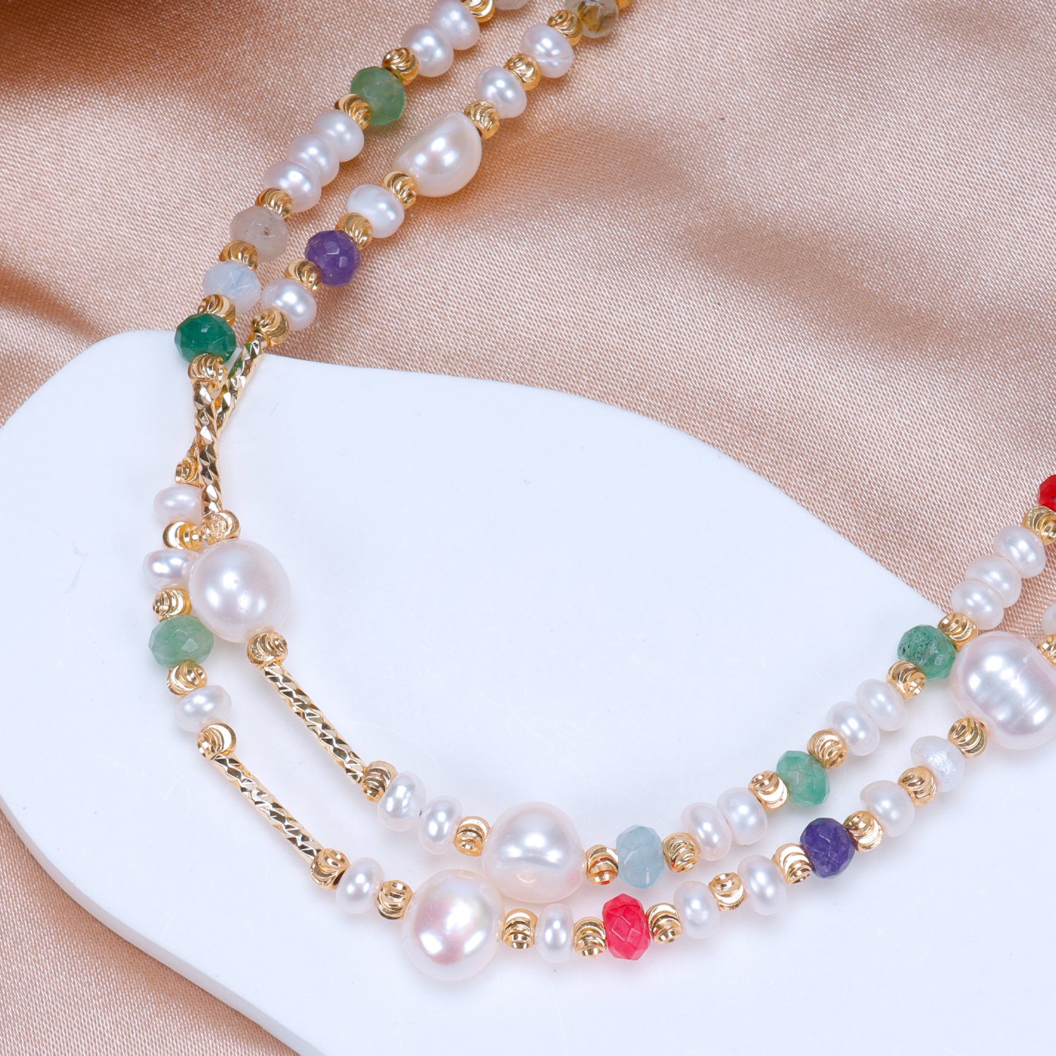Favourite Natural Freshwater white Baroque Pearl Colored tourmaline double-layer Necklace for women girls