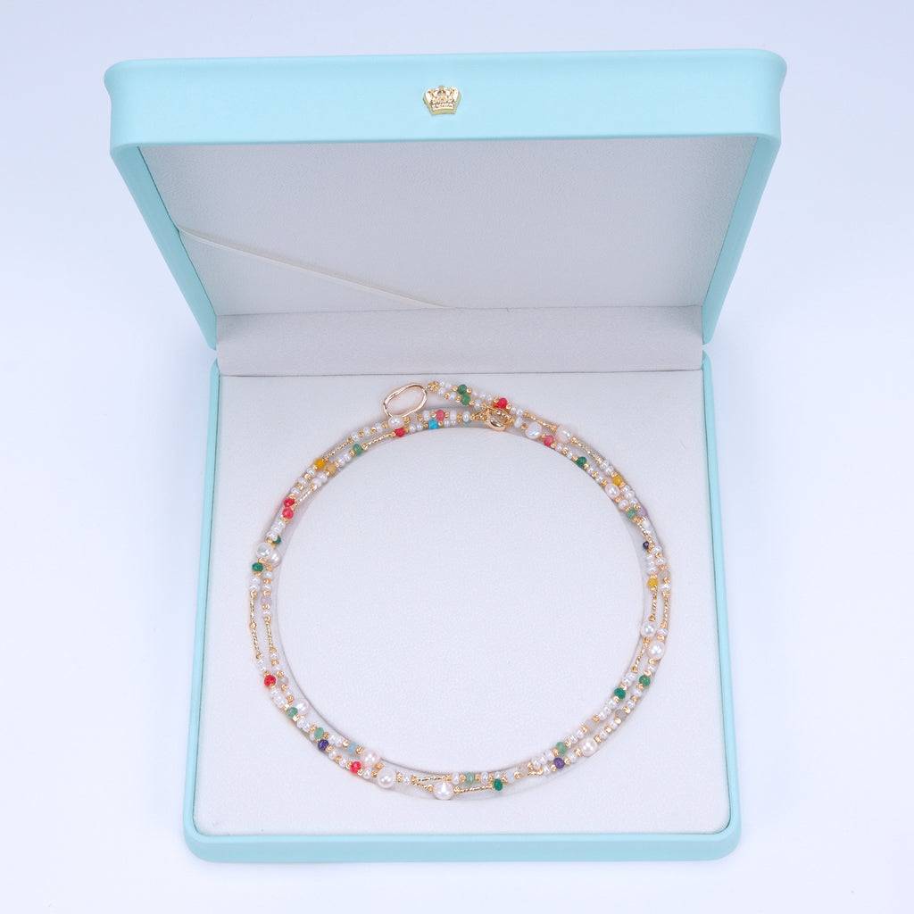 Favourite Natural Freshwater white Baroque Pearl Colored tourmaline double-layer Necklace for women girls