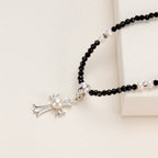 New Design Natural Freshwater White Pearl Popular Cross Star Pendant Necklace Black Spinel Beaded Necklace Jewelry for Women