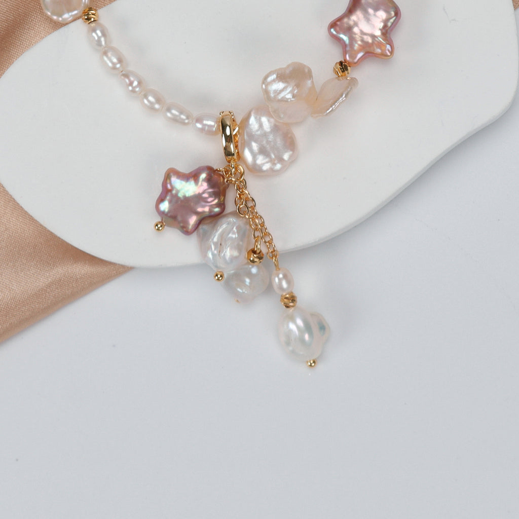 Natural Freshwater White Flower petal Purple Star Baroque Pearl Necklace, Hand-designed crafted pearl necklace for girls