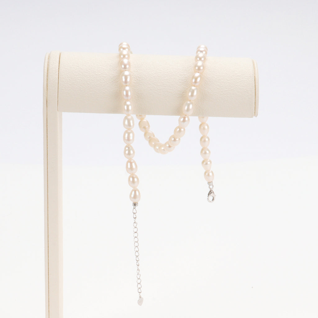 Real Natural freshwater white oval pearl full bead necklace, S925 extended chain versatile and fashionable for women