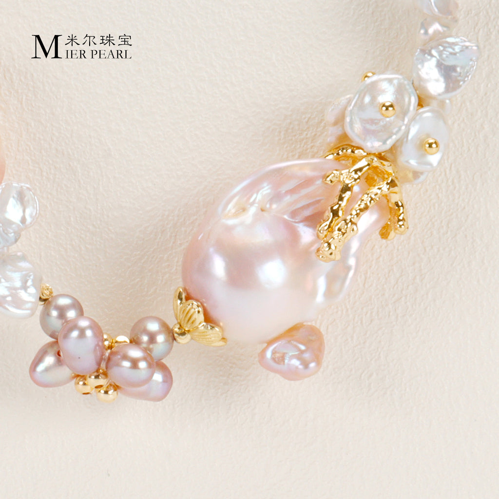 New Design Natural Freshwater Pink Purple Large Baroque Pearl Handmade Vintage Necklace