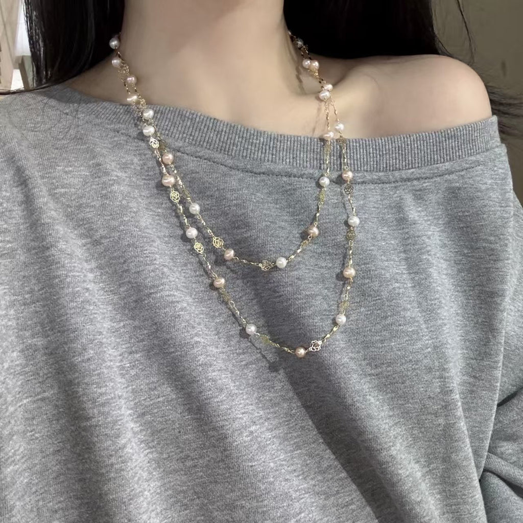 Hot selling Natural Freshwater white pink oval pearl necklace sweater chain, Fashionable handmade design pearl necklace for women