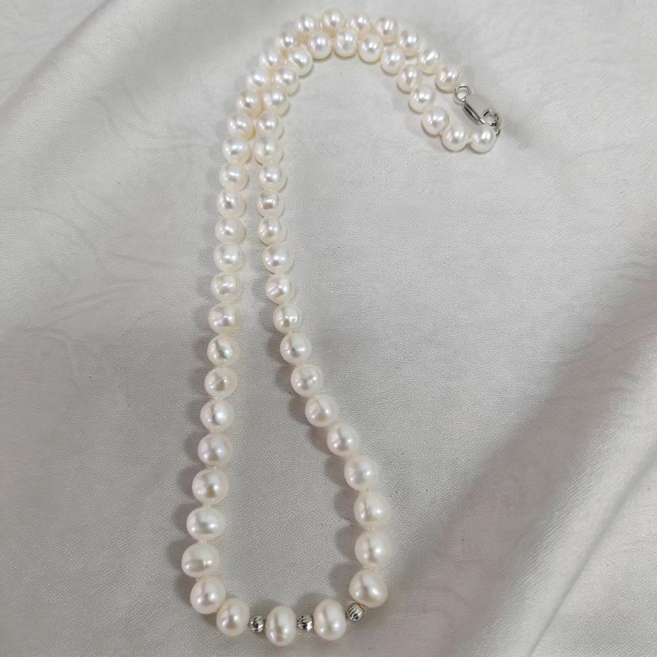 Hot selling Natural Freshwater white oval pearl S925 silver full pearl necklace, Fashionable classic pearl necklace for women