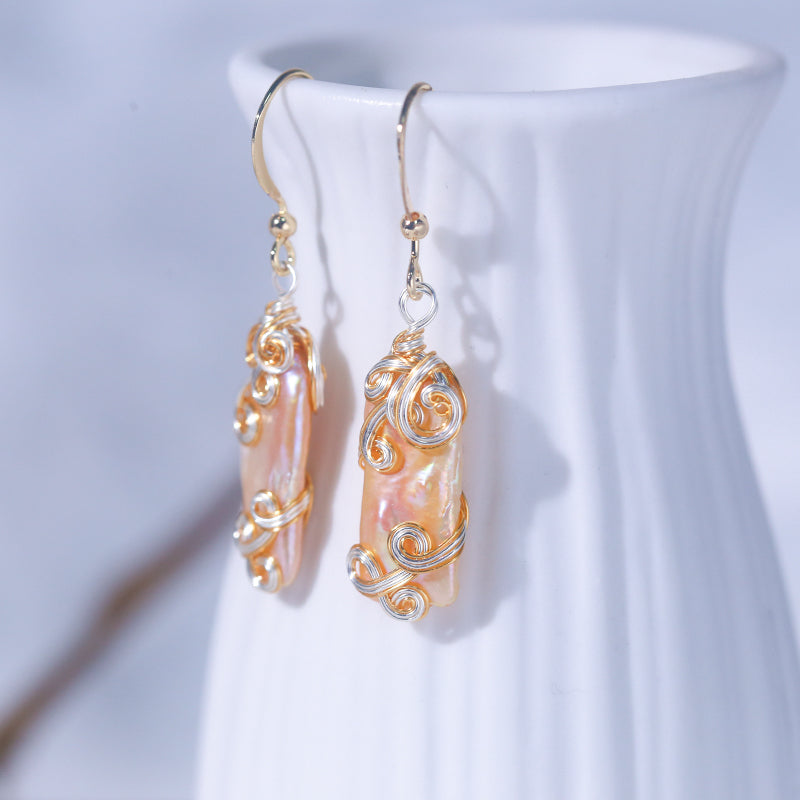 Fashion 14K alloy natural purple wire winding  baroque pearl earring