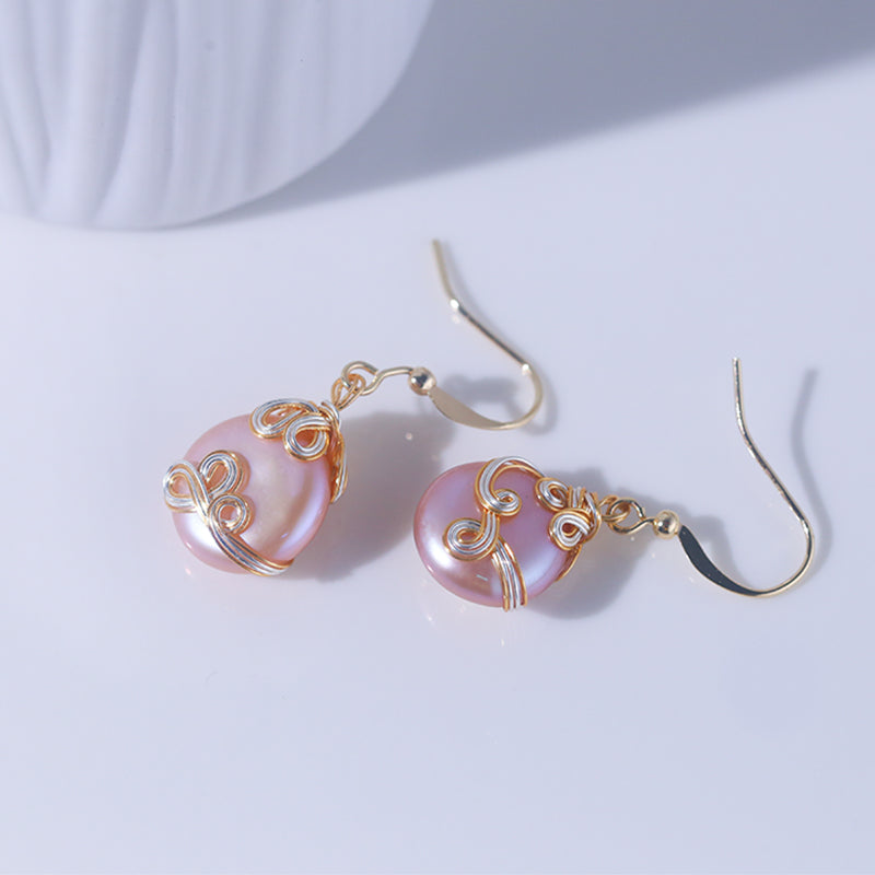 Natural freshwater purple button-shaped baroque pearl earrings, 14K gold-plated hand-wound fashionable and high-end earrings