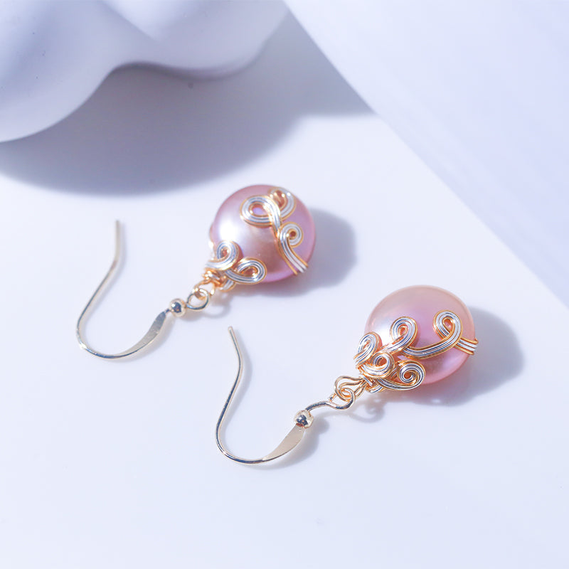 Natural freshwater purple button-shaped baroque pearl earrings, 14K gold-plated hand-wound fashionable and high-end earrings