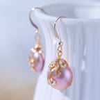 Natural freshwater purple button-shaped baroque pearl earrings, 14K gold-plated hand-wound fashionable and high-end earrings