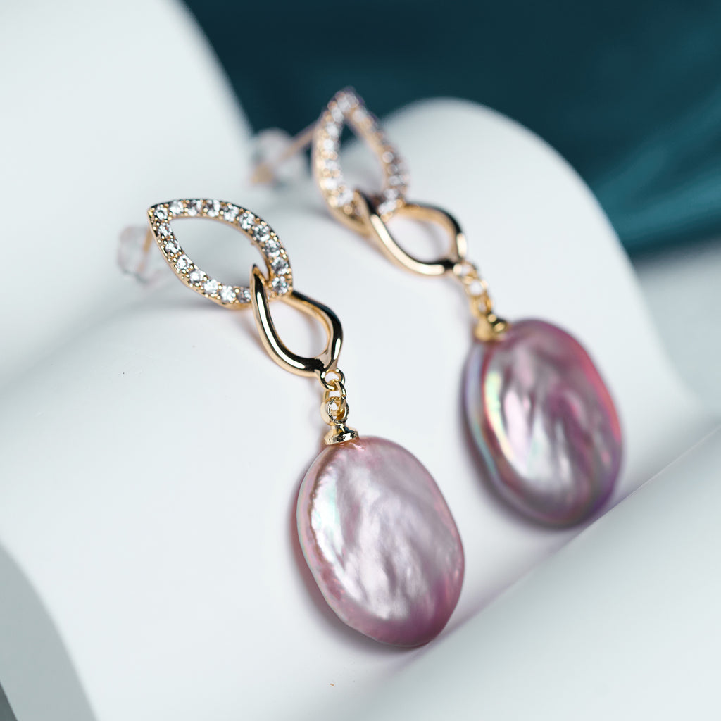 Personalized Temperament  Geometric Set Zirconium Chain Natural Freshwater Purple Pearl  Earrings
