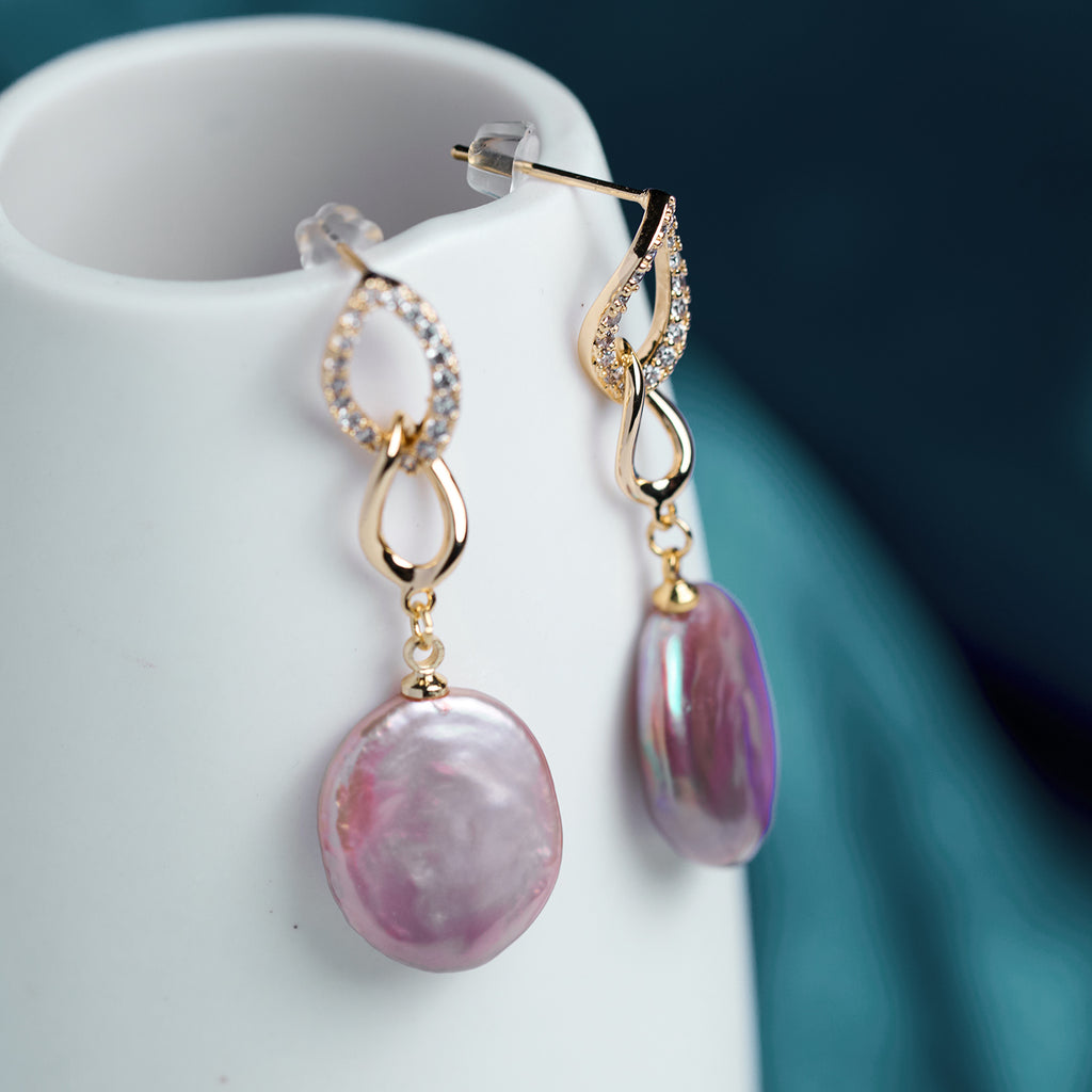 Personalized Temperament  Geometric Set Zirconium Chain Natural Freshwater Purple Pearl  Earrings