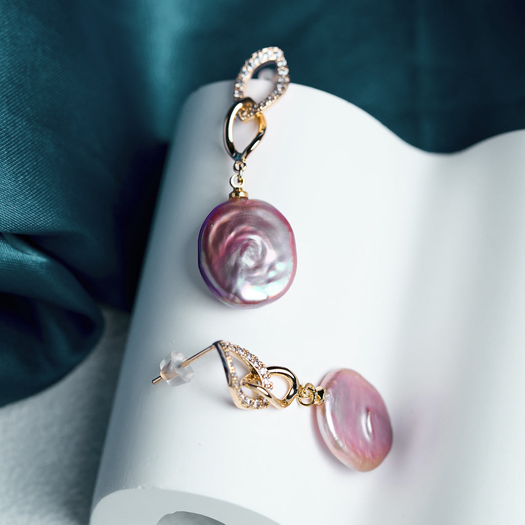 Personalized Temperament  Geometric Set Zirconium Chain Natural Freshwater Purple Pearl  Earrings