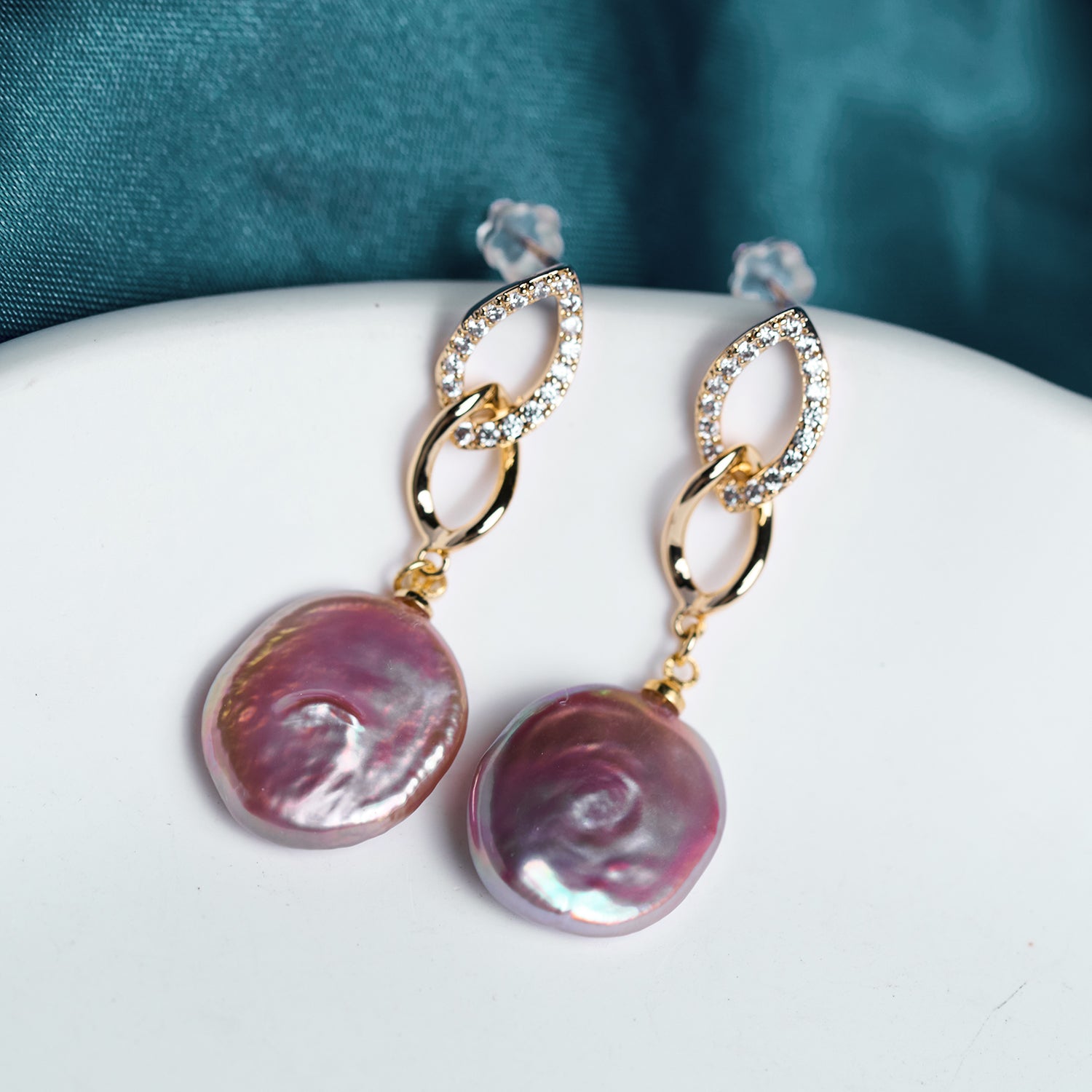 Personalized Temperament  Geometric Set Zirconium Chain Natural Freshwater Purple Pearl  Earrings