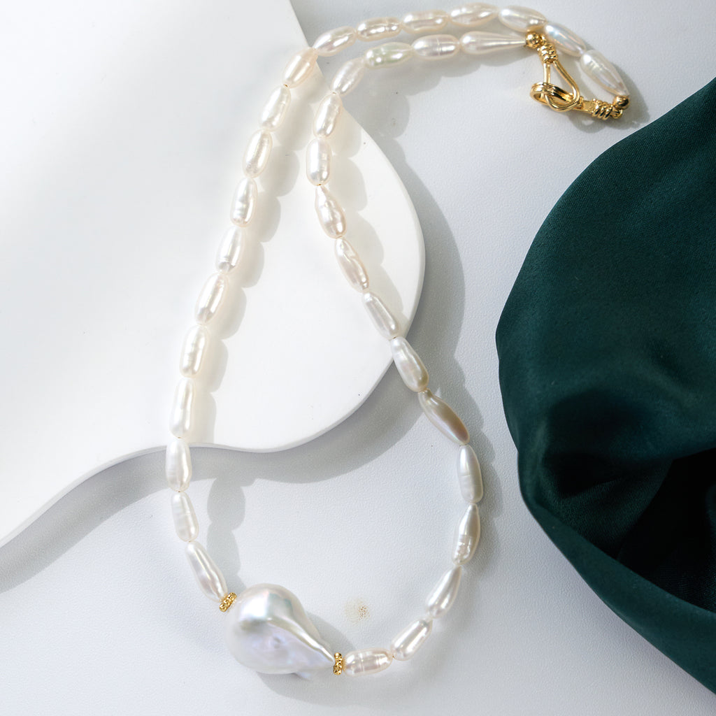 Real Natural Freshwater Pearl Necklace 14-15mm High Quality Large Size Baroque Loose Beads with 4-5mm Rice Pearl Chain for Gift